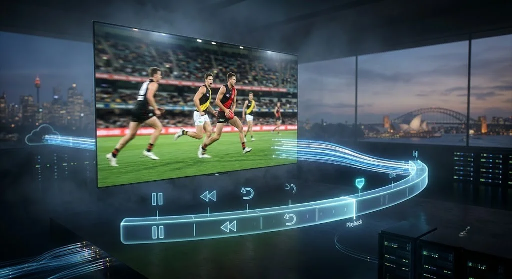 Illustration showing how time-shifted IPTV allows viewers to pause, rewind, and restart live television.