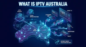 Diagram showing how IPTV delivers live television channels over the internet to Australian devices including smart TVs, streaming boxes, tablets, and smartphones