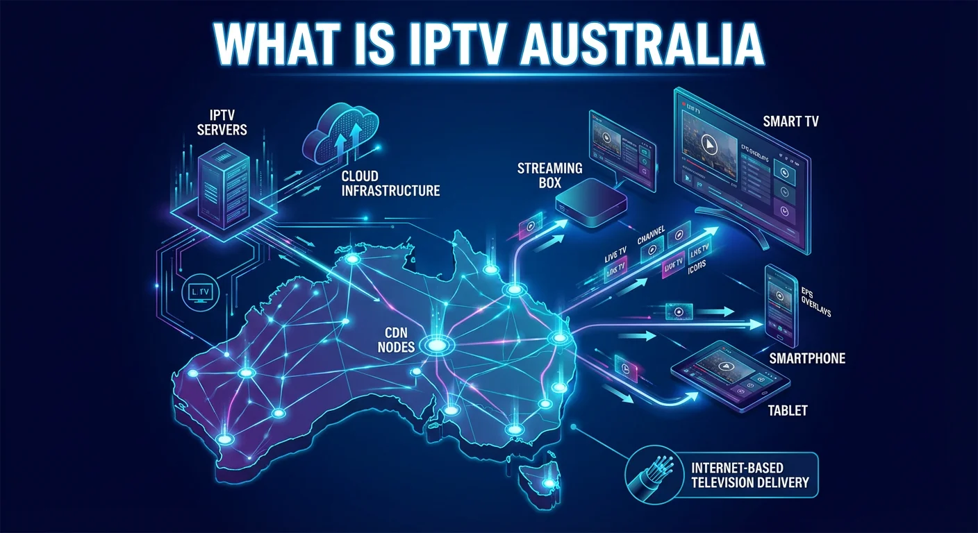 Diagram showing how IPTV delivers live television channels over the internet to Australian devices including smart TVs, streaming boxes, tablets, and smartphones