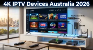 4K IPTV devices Australia 2026: an image showing Fire TV Stick 4K Max, Nvidia Shield Pro and Mecool KM2 Plus connected to a 4K TV with the title “4K IPTV Devices Australia 2026” displayed on the image