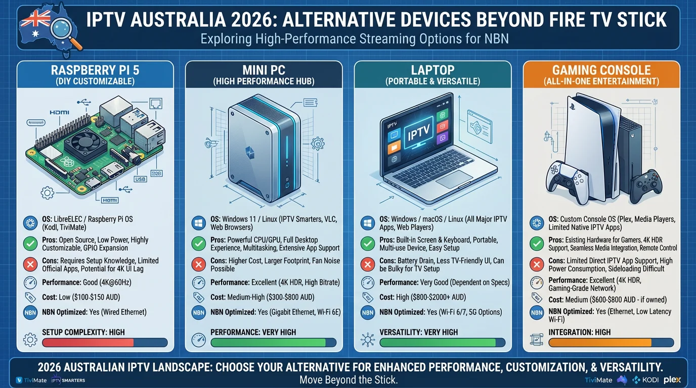 Raspberry Pi 5, mini PC, laptop, PS5, and Xbox Series X as alternative IPTV devices in Australia beyond Fire TV Stick and Android box