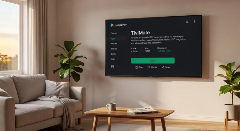Android TV IPTV setup screen showing TiviMate app installation on a Sony Bravia in an Australian living room