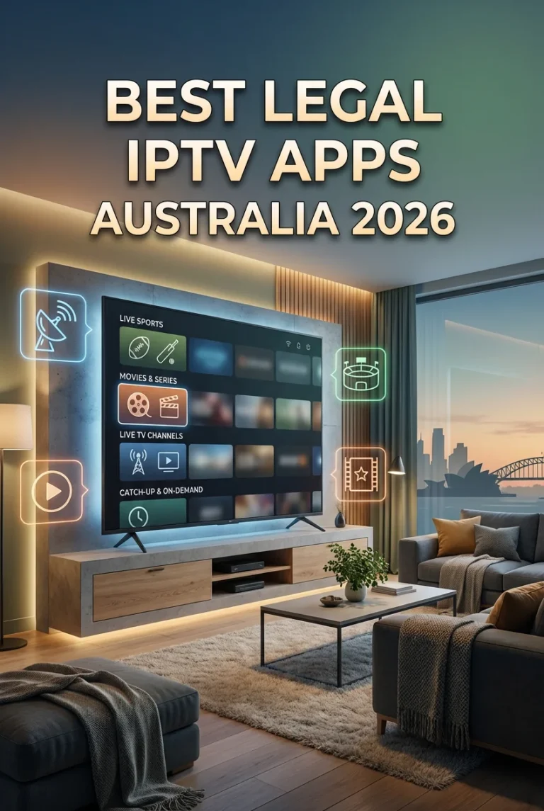 A vertical modern illustration of a smart TV in an Australian living room showing streaming apps, representing legal IPTV services in Australia 2026 with a clean tech design and bold title text. Best Legal IPTV Apps Australia 2026