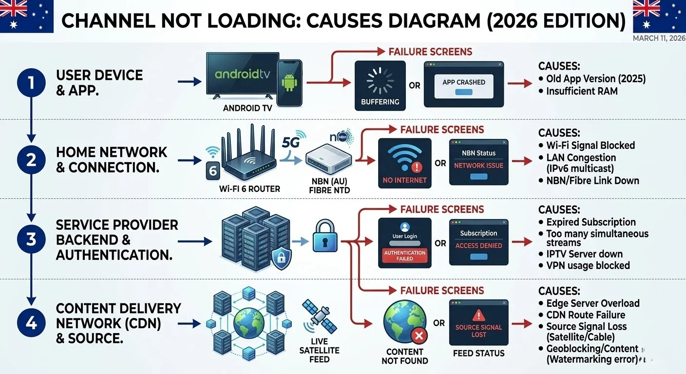 IPTV channel not loading Australia diagram showing three root causes: dead stream URL, H.265 codec mismatch, and live event not yet activated with a fixed path for each