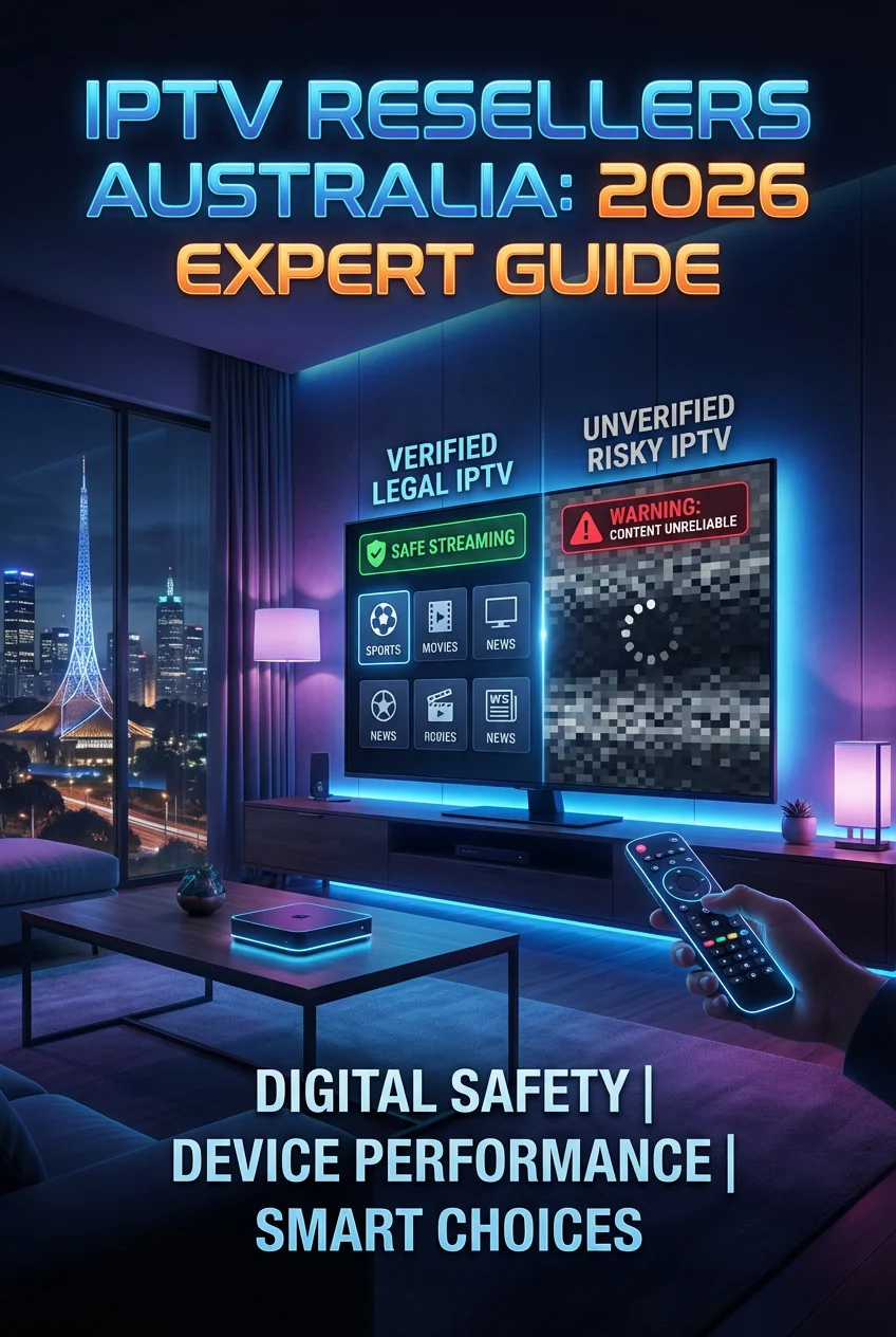 Cinematic vertical scene featuring IPTV Resellers Australia 2026 expert guide concept with glowing smart TV screen, streaming devices, and Melbourne night skyline in a cinematic lighting style