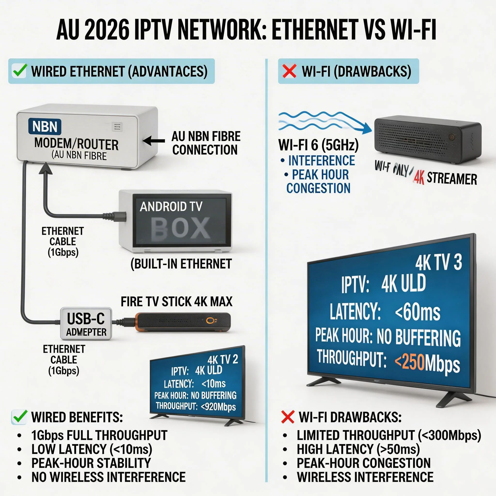 Technical diagram of IPTV (Internet Protocol Television) devices connected to NBN (National Broadband Network) router in Australia 2026: Fire TV Stick 4K Max via USB-C Ethernet adapter and Android TV box with built-in Ethernet, showing data flow for stable IPTV streaming.