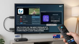 Fire TV Stick IPTV setup on a smart TV showing IPTV app interface for Australian users