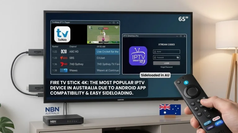Fire TV Stick IPTV setup on a smart TV showing IPTV app interface for Australian users