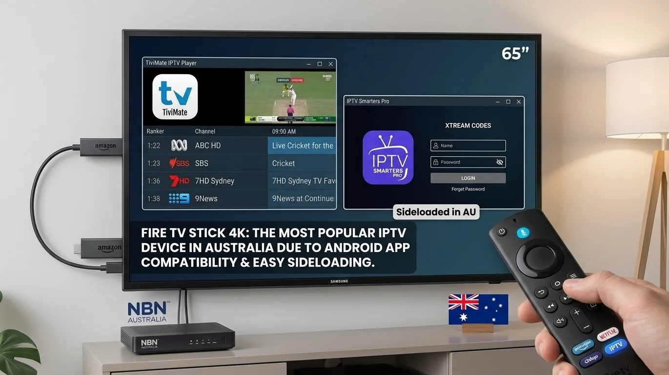 Fire TV Stick IPTV setup on a smart TV showing IPTV app interface for Australian users