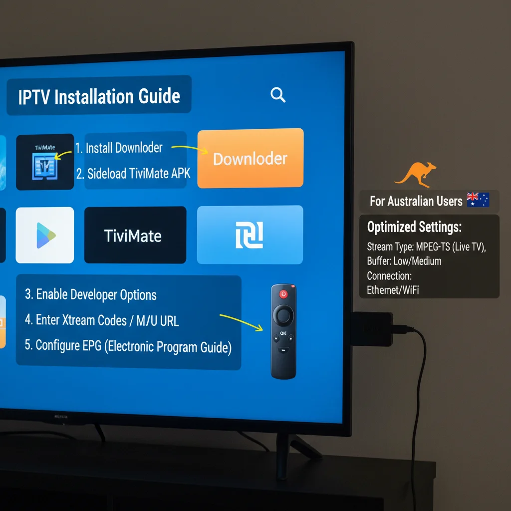 Fire TV Stick connected to TV showing IPTV app installation screen with Downloader and TiviMate apps being configured for Australian users