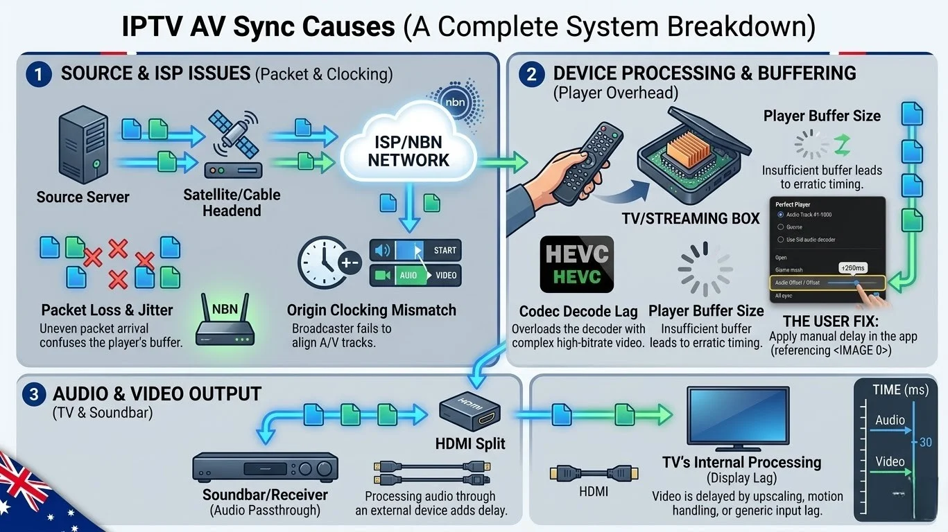 IPTV AV sync fix Australia diagram showing three desync causes: H.265 software decode lag, network packet loss differential, and HDMI ARC audio processing delay with a fixed path for each