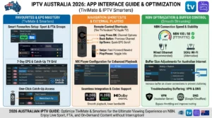 iptv app tips australia showing TiviMate interface with favourites groups EPG guide navigation catch up TV access and remote shortcuts on Fire TV Stick 4K Max in 2026