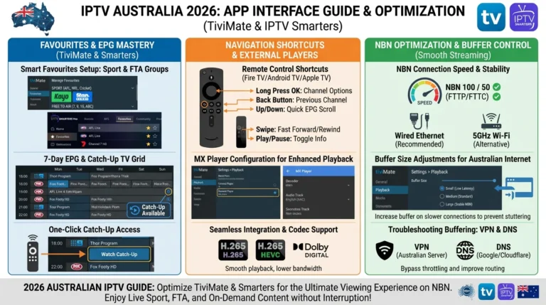 iptv app tips australia showing TiviMate interface with favourites groups EPG guide navigation catch up TV access and remote shortcuts on Fire TV Stick 4K Max in 2026