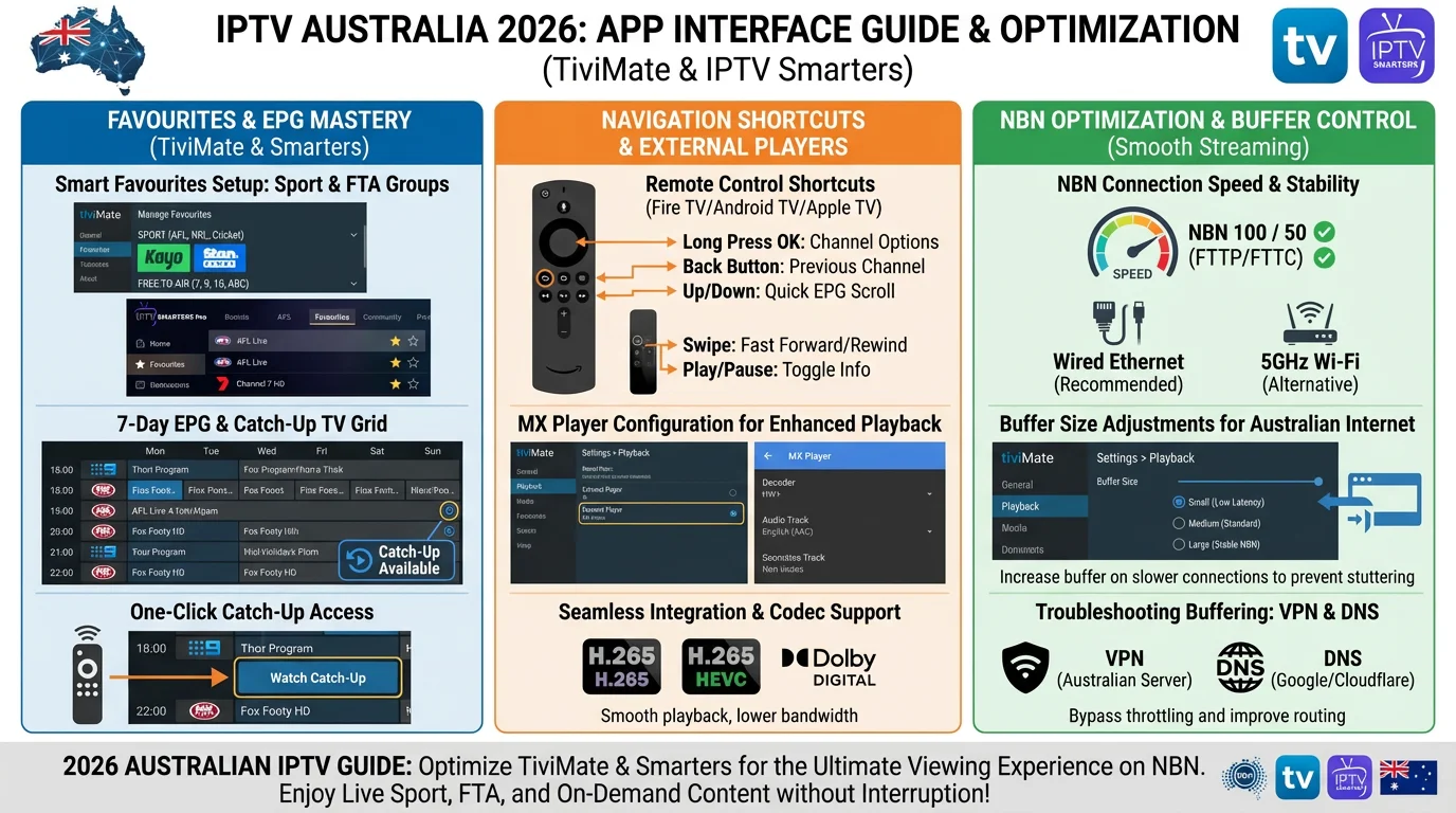 iptv app tips australia showing TiviMate interface with favourites groups EPG guide navigation catch up TV access and remote shortcuts on Fire TV Stick 4K Max in 2026