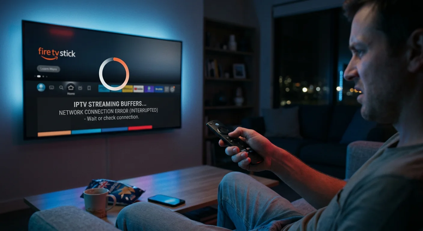 IPTV troubleshooting screen showing buffering and loading error on Fire TV Stick connected to a Smart TV in a modern living room
