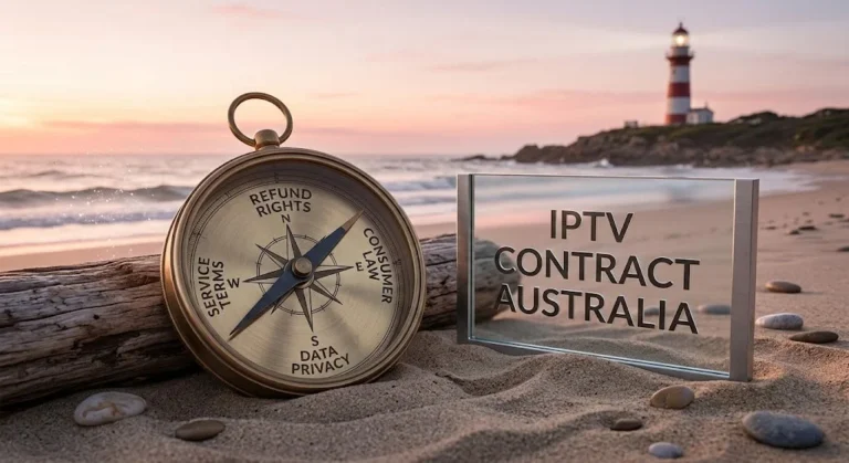 IPTV Contract Australia: This is a comprehensive technical infographic that illustrates the 7-step IPTV legal compliance checklist for Australian viewers, featuring icons for provider verification, payment protection, licensing, and consumer rights.