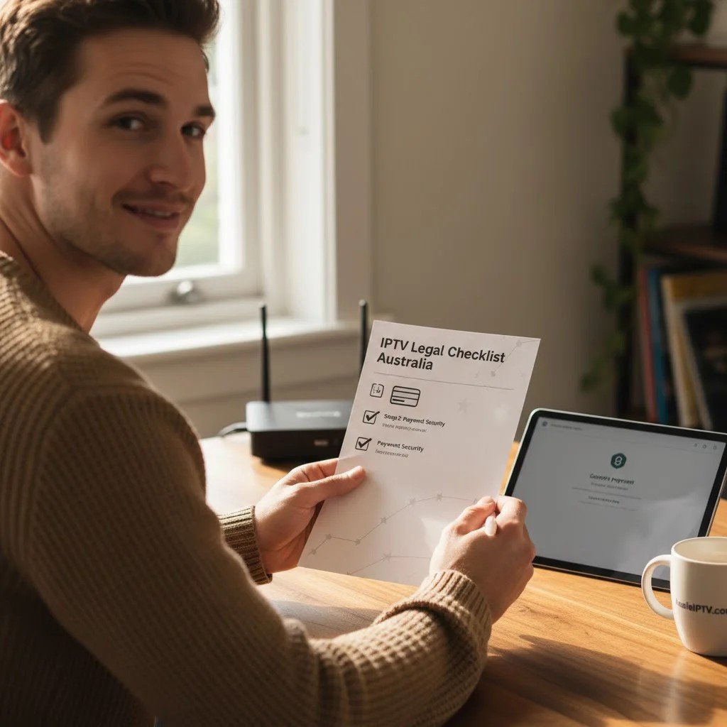 This is a comprehensive technical infographic that illustrates the 7-step IPTV legal compliance checklist for Australian viewers, featuring icons for provider verification, payment protection, licensing, and consumer rights.