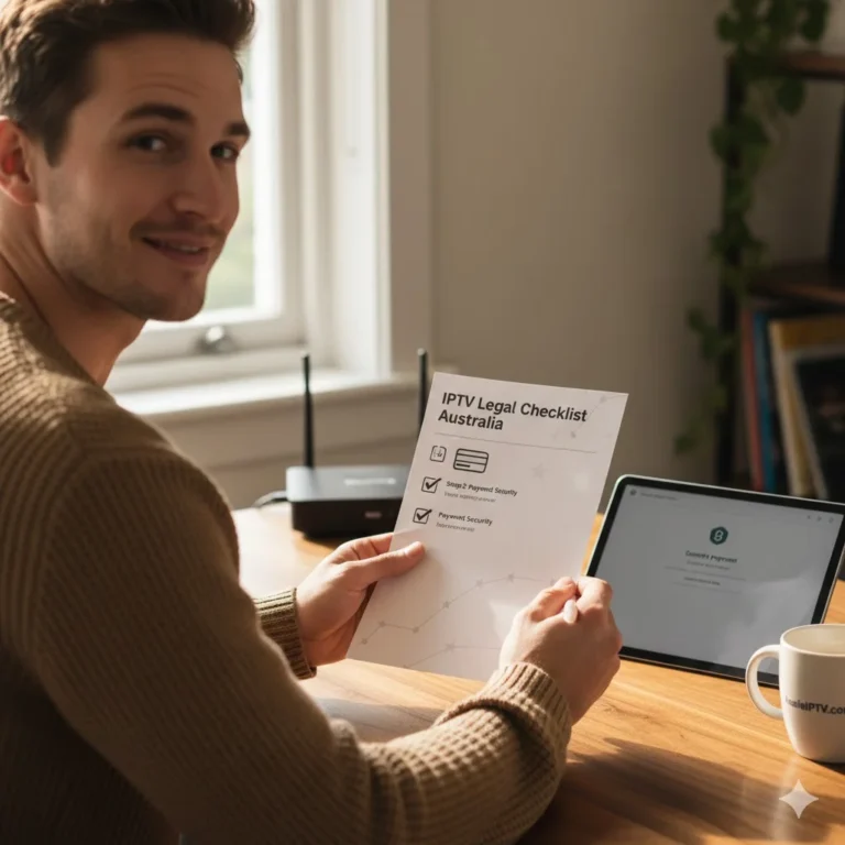 This is a comprehensive technical infographic that illustrates the 7-step IPTV legal compliance checklist for Australian viewers, featuring icons for provider verification, payment protection, licensing, and consumer rights.