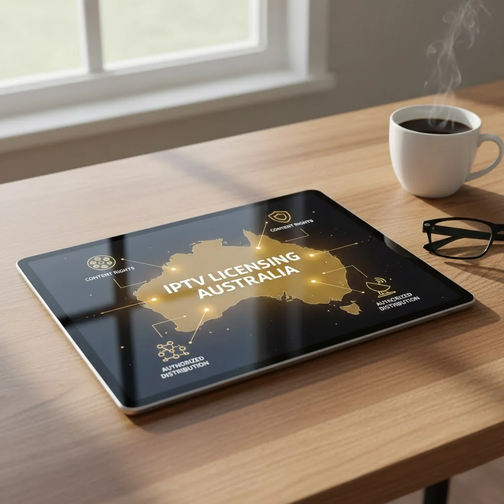 IPTV Licensing Australia: This is a comprehensive technical infographic that illustrates the 7-step IPTV legal compliance checklist for Australian viewers, featuring icons for provider verification, payment protection, licensing, and consumer rights.