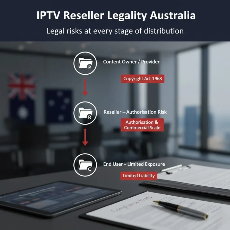 iptv reseller legality Australia: a vertical infographic showing provider reseller and consumer distribution chain with copyright and compliance risk indicators