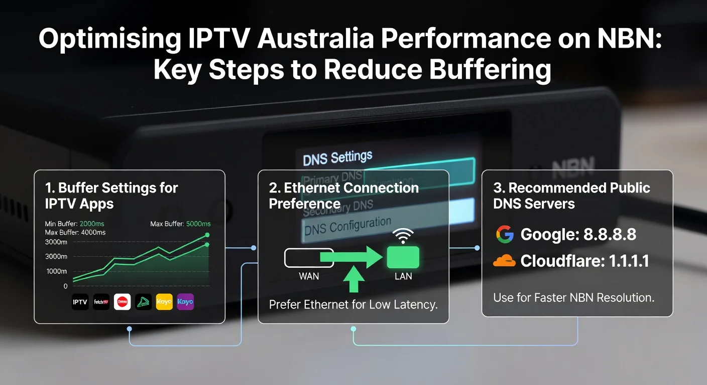 Optimise IPTV settings for Australian ISPs, showing NBN router configuration, DNS settings, and buffer tuning for best streaming performance