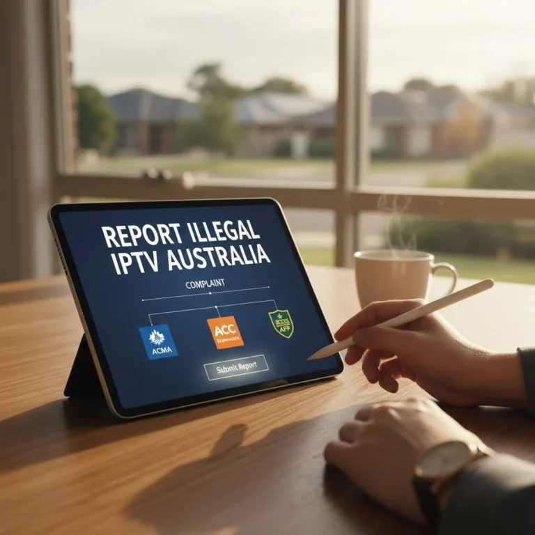 Report Illegal IPTV Australia: This is a comprehensive technical infographic that illustrates the 7-step IPTV legal compliance checklist for Australian viewers, featuring icons for provider verification, payment protection, licensing, and consumer rights.