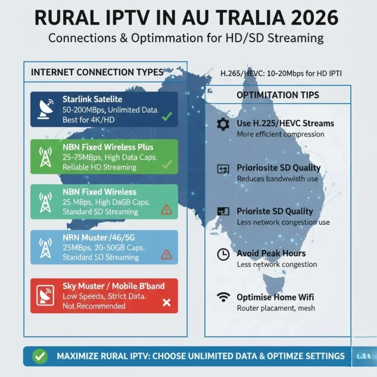 Diagram comparing rural Australian internet options for IPTV in 2026, showing NBN Fixed Wireless, Sky Muster satellite, Starlink, and 4G/5G fixed wireless, with speeds, data allowances, and recommended H.265/Adaptive Bitrate streaming for optimal viewing.