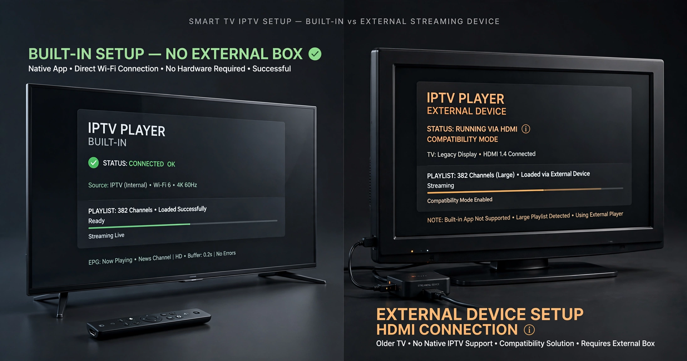 Smart TV IPTV setup without external box versus external streaming device