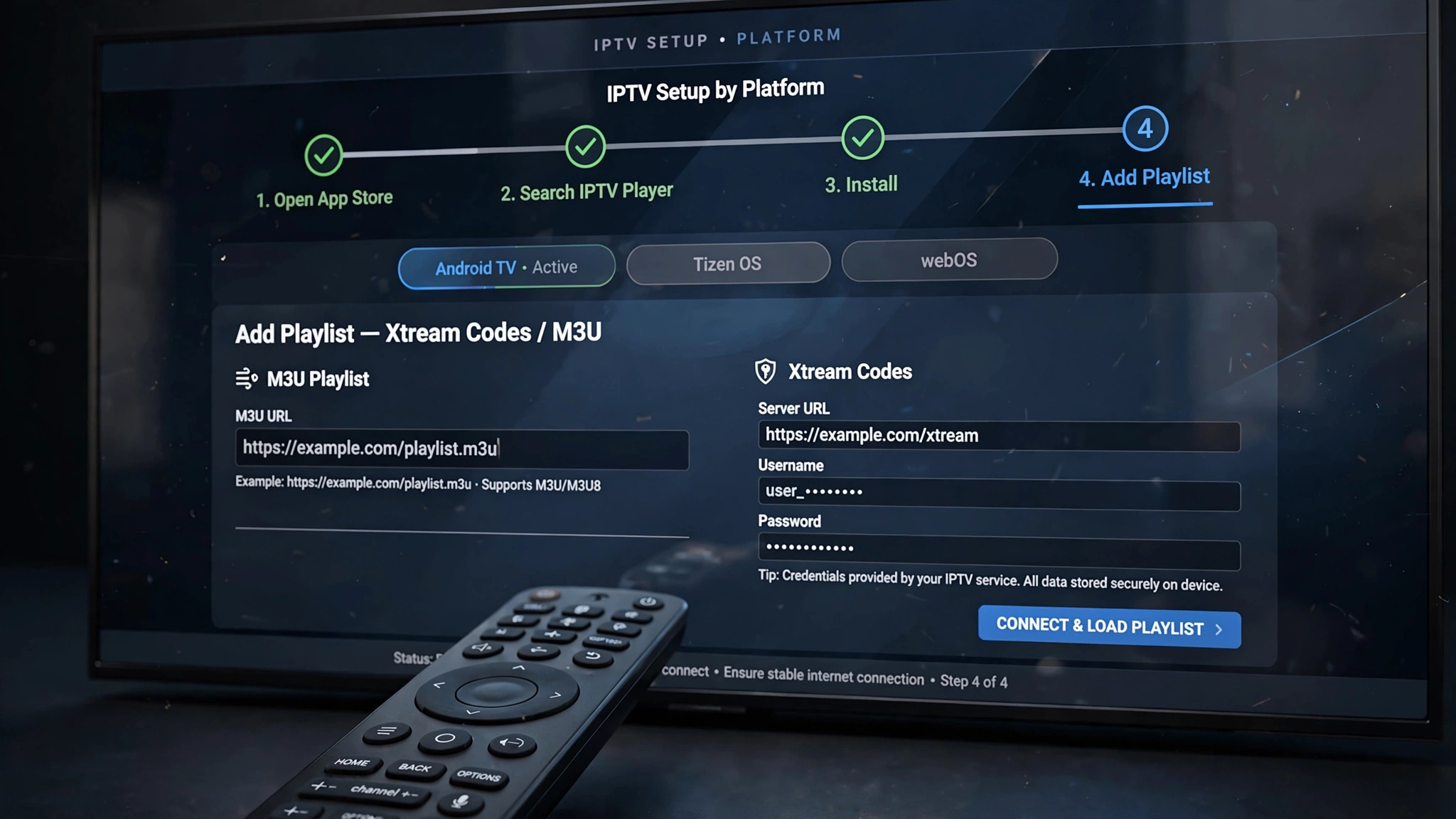Smart TV IPTV setup installing an IPTV player and playlist