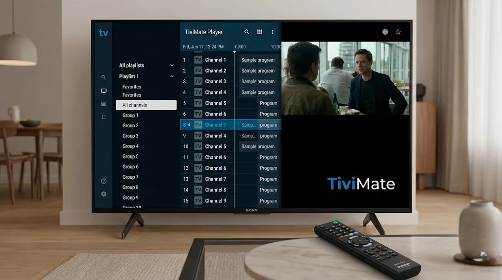 Sony Google TV IPTV Australia showing TiviMate app EPG guide view on large screen with Australian channel schedule catch-up indicators and AEST timezone configuration in 2026