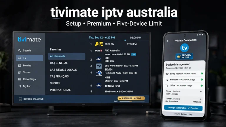 TiviMate IPTV Australia setup showing the official TiviMate player, EPG guide and Companion app
