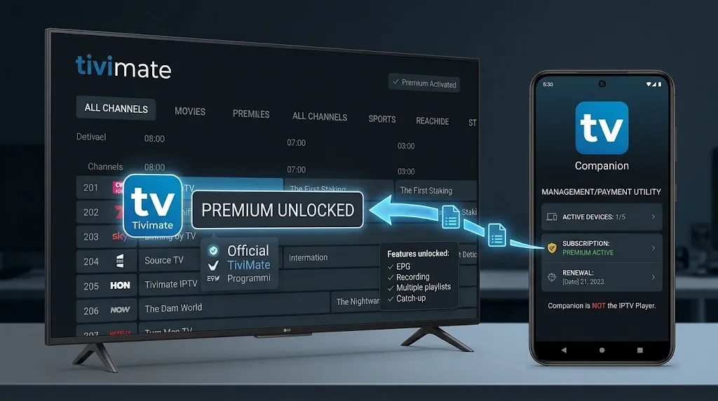 TiviMate Companion app on Android phone unlocking Premium on TiviMate IPTV Player
