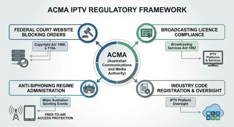 ACMA IPTV regulation Australia 2026 showing Australian Communications and Media Authority enforcement powers including website blocking orders broadcasting licence compliance and anti-siphoning oversight for IPTV services