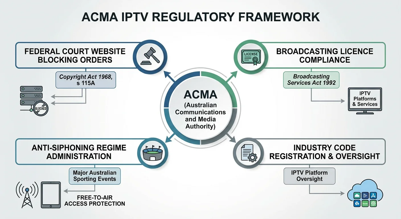 ACMA IPTV regulation Australia 2026 showing Australian Communications and Media Authority enforcement powers including website blocking orders broadcasting licence compliance and anti-siphoning oversight for IPTV services