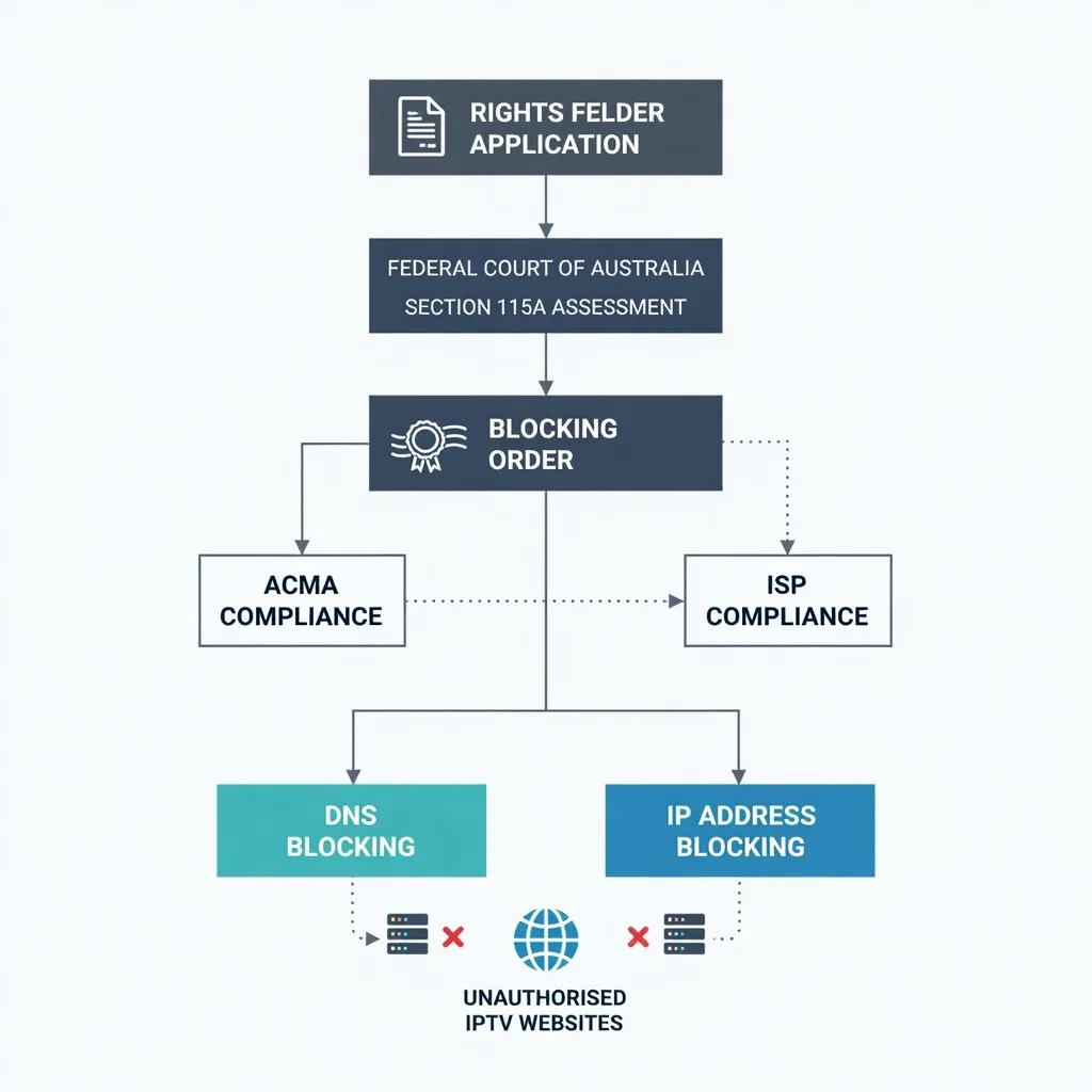 ACMA website blocking process IPTV Australia 2026 showing Federal Court blocking order pathway from rights holder application through ACMA direction to ISP DNS and IP block implementation against unauthorised IPTV services