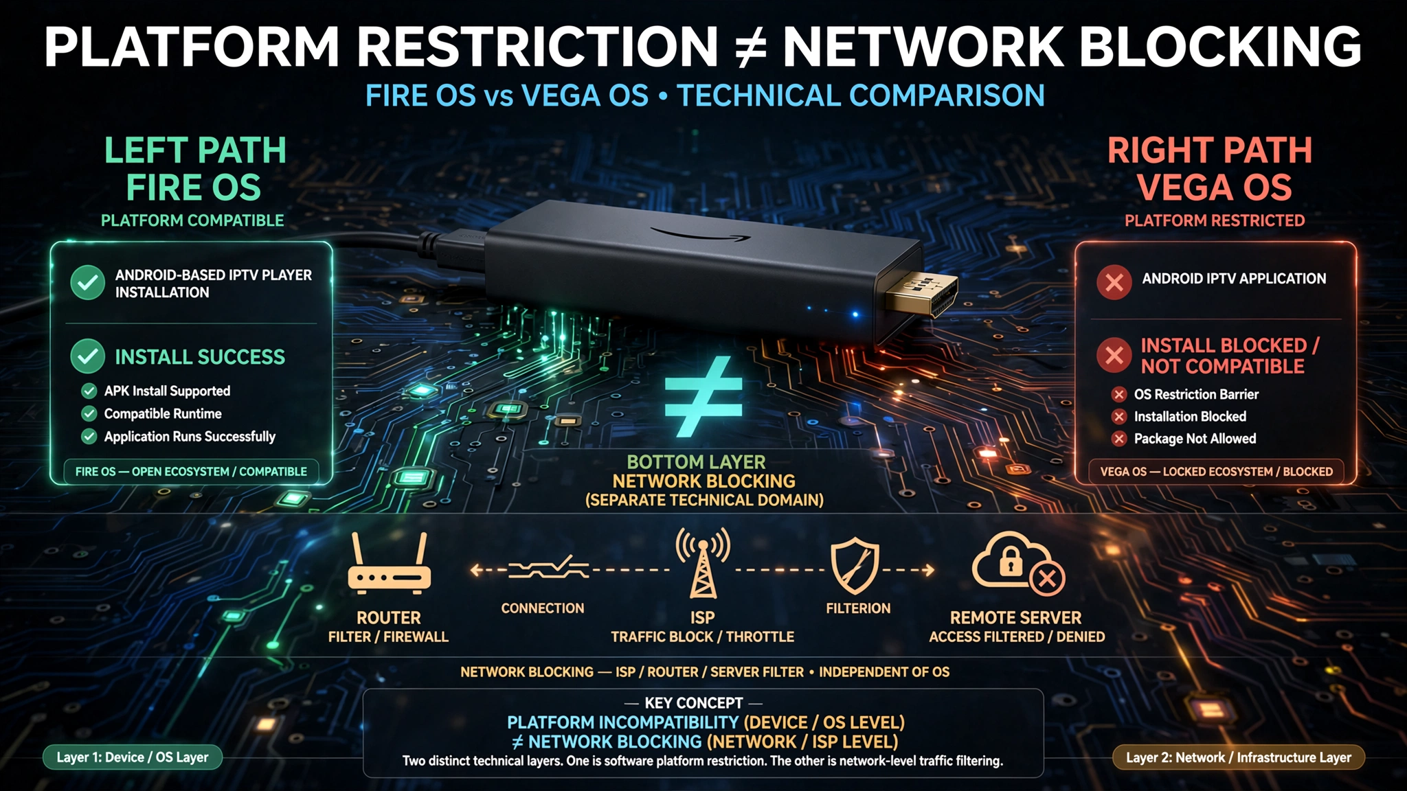 Firestick IPTV troubleshooting diagram comparing Fire OS app compatibility with Vega OS restrictions