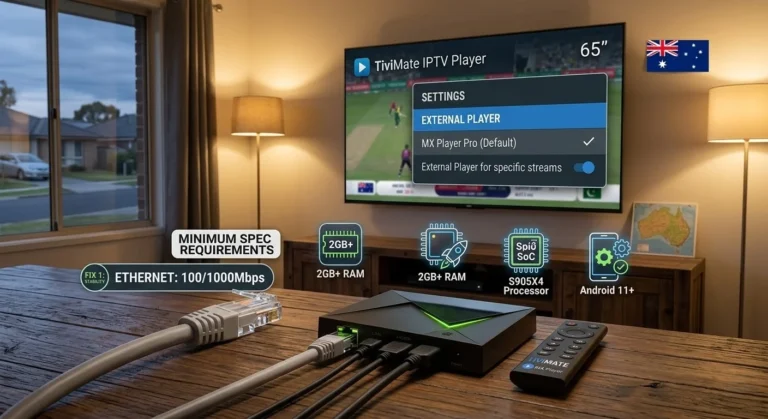 Android box IPTV troubleshooting in Australia showing TiviMate setup fix and buffering solutions on Android TV box with Ethernet connection and MX Player codec fix in 2026.