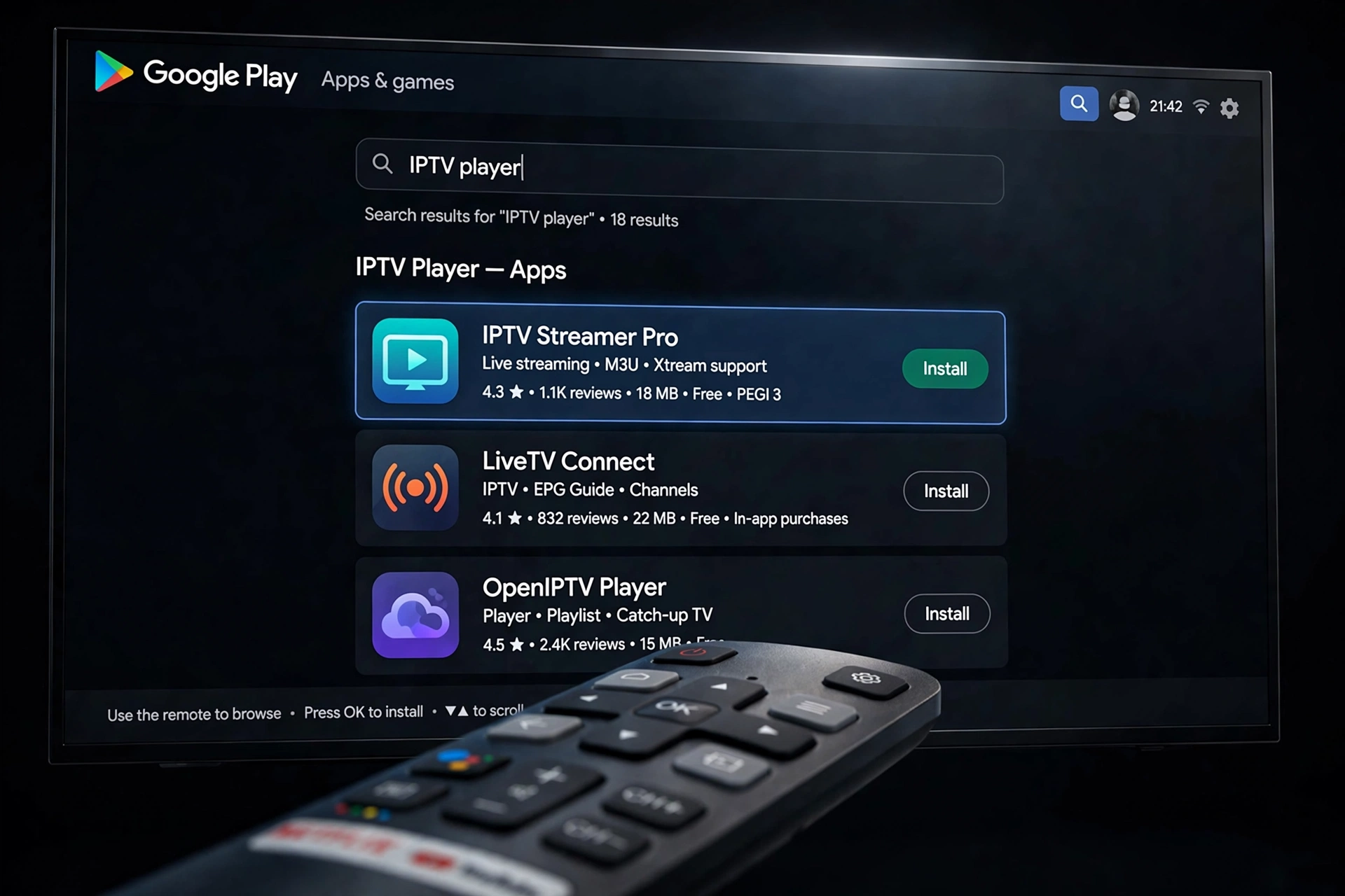 Android TV IPTV app search in the Google Play Store