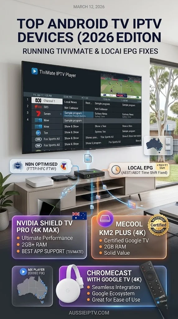 Android TV IPTV Australia setup showing Nvidia Shield Pro Mecool KM2 Plus and Chromecast with Google TV running IPTV app with channel list on a modern TV