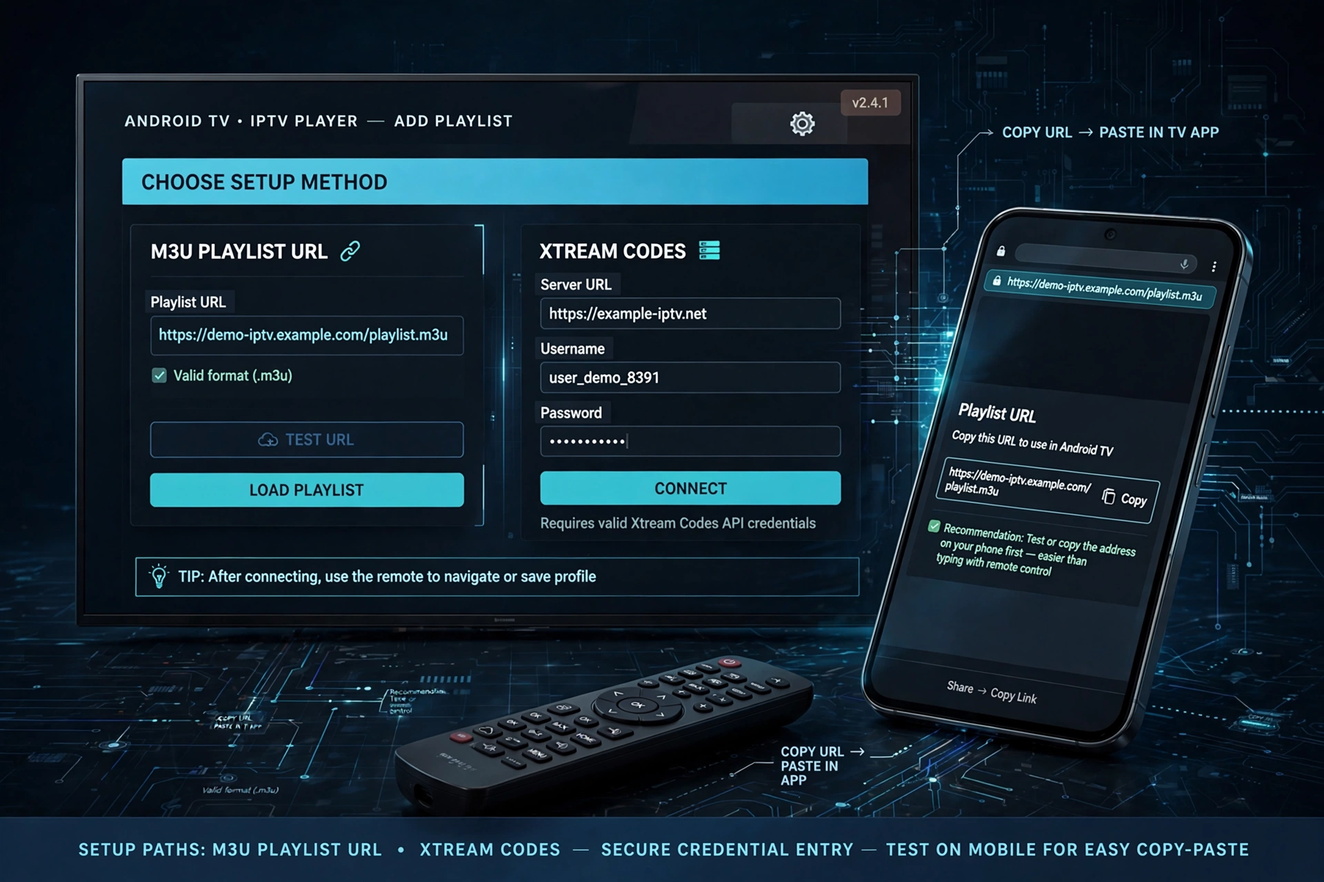 Android TV IPTV setup with M3U playlist and Xtream Codes