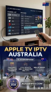 Apple TV IPTV Australia setup guide showing Apple TV 4K running IPTV apps with channel list and EPG guide configured for Australian viewers on tvOS in 2026