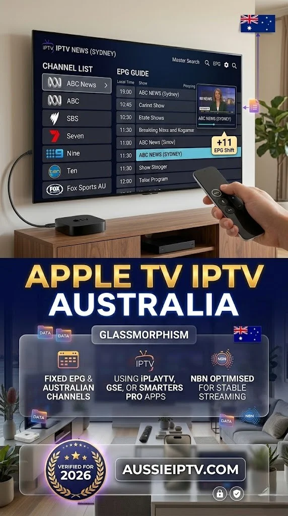 Apple TV IPTV Australia setup guide showing Apple TV 4K running IPTV apps with channel list and EPG guide configured for Australian viewers on tvOS in 2026