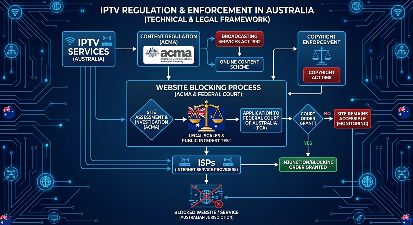 The Australian IPTV website blocking regime 2026 showing Federal Court blocking order process ISP DNS block implementation and rights holder enforcement against unauthorised IPTV services