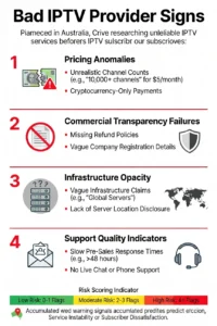 Bad IPTV provider signs Australia — red flag identification framework showing warning patterns across pre-subscription assessment stages