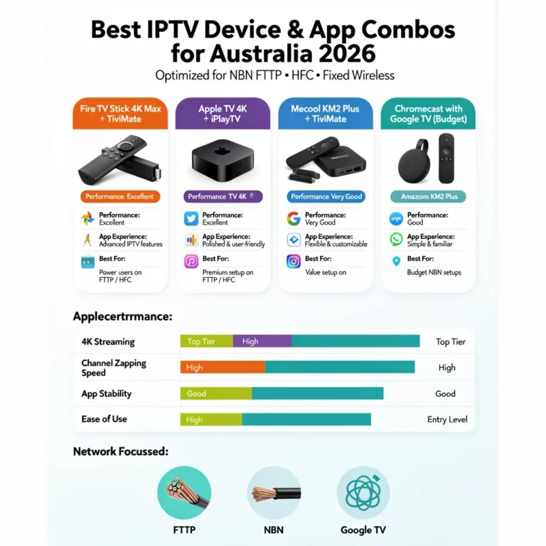 Best IPTV device and app combo Australia 2026, showing Fire TV Stick 4K Max with TiviMate Apple TV with iPlayTV Mecool KM2 Plus and Chromecast with Google TV recommended setups for Australian NBN households