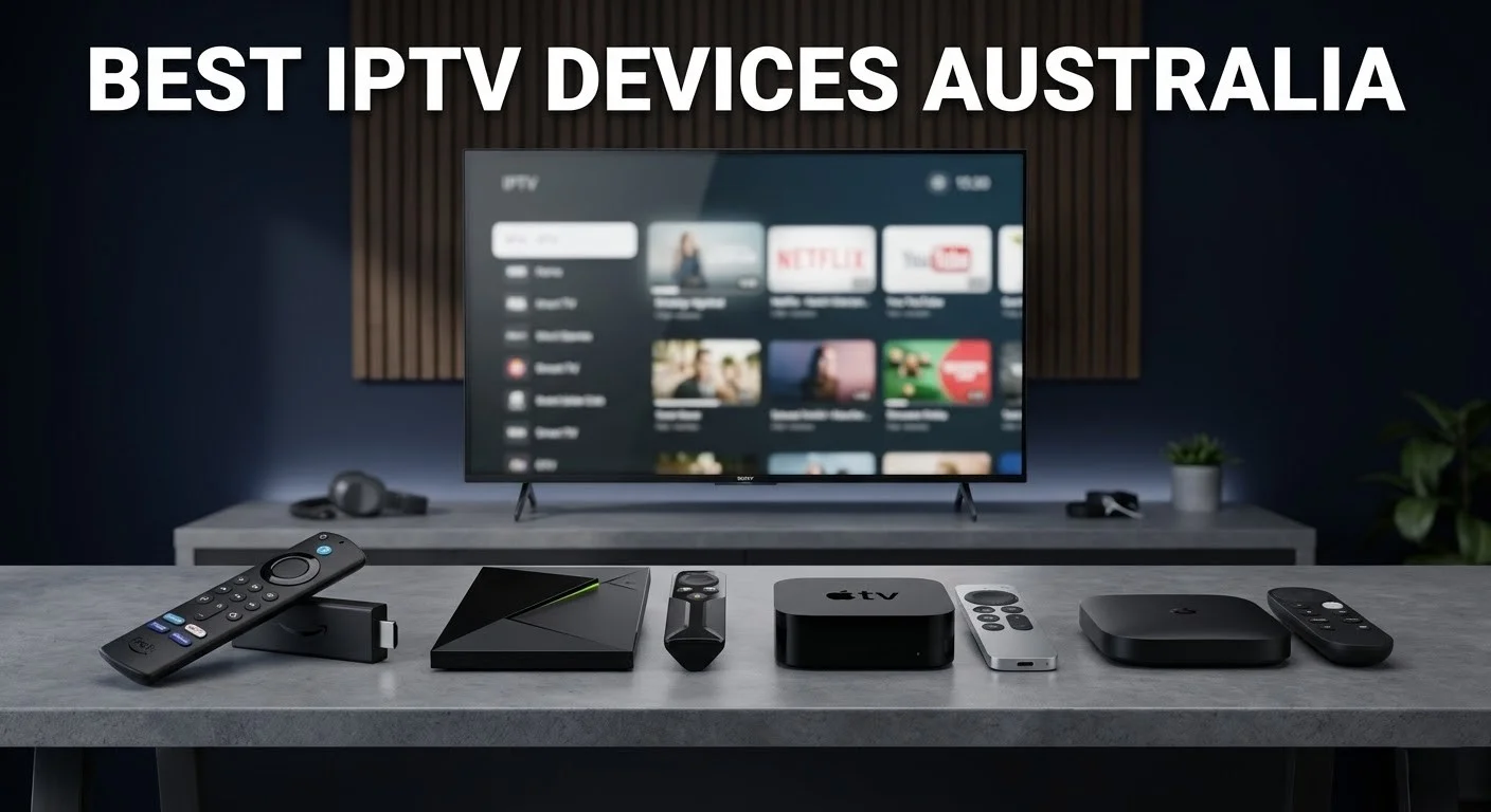 The best IPTV devices Australia showing Fire TV Stick Android TV Box, Apple TV and Smart TV used for IPTV streaming