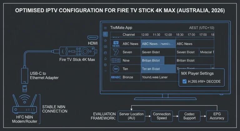 Best IPTV for Firestick Australia 2026, showing Fire TV Stick 4K Max with TiviMate EPG interface Australian channel list and Ethernet adapter for stable NBN peak-hour streaming