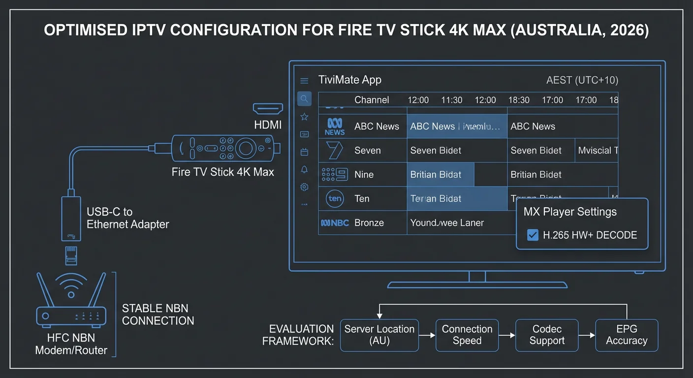 Best IPTV for Firestick Australia 2026, showing Fire TV Stick 4K Max with TiviMate EPG interface Australian channel list and Ethernet adapter for stable NBN peak-hour streaming