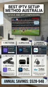 Best IPTV setup method comparison showing Amazon Fire TV Stick, Apple TV 4K, and Chromecast with Google TV in an Australian living room