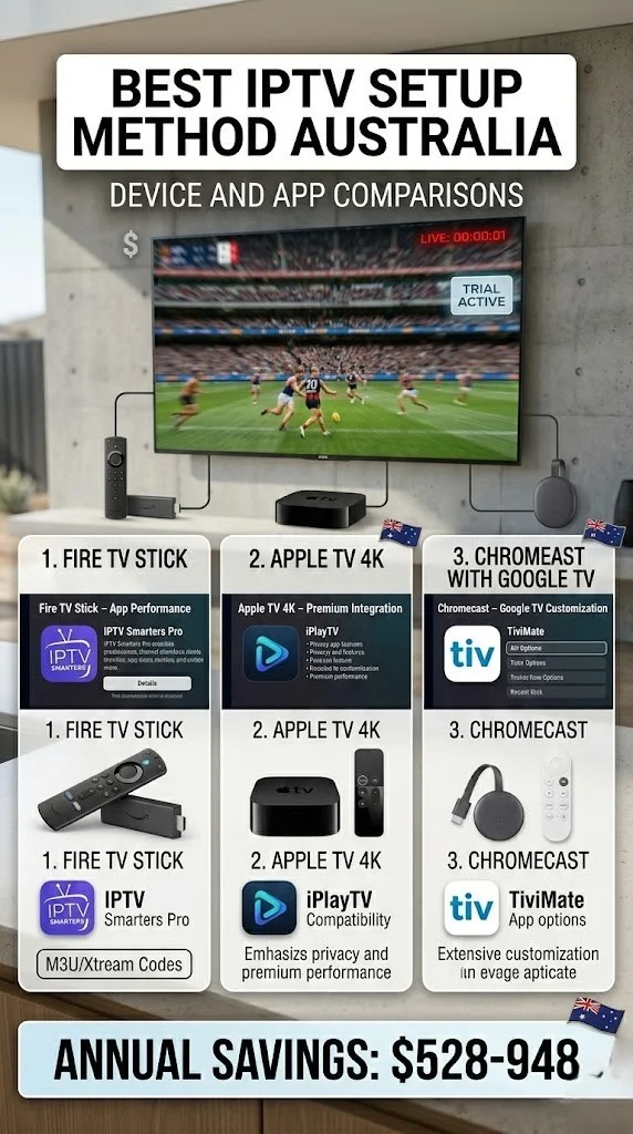 Best IPTV setup method comparison showing Amazon Fire TV Stick, Apple TV 4K, and Chromecast with Google TV in an Australian living room